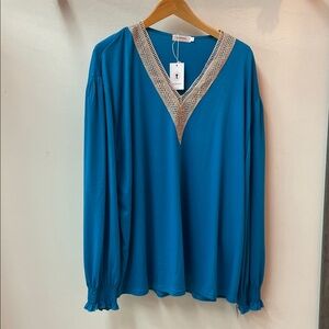 Elegant Blue V-Neck Blouse with Lace Detail NWT SIZE 4X